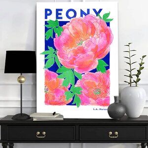 NEW Beautiful & Bright Peony Flower Canvas Backed Wall Art Pink Blue Green